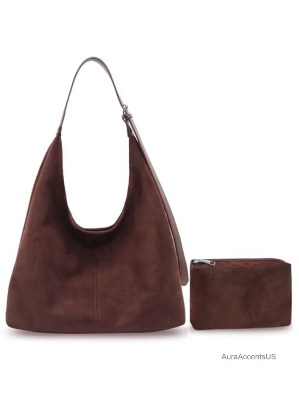 Faux Suede Hobo Tote Bag Set with Pouch Adjustable Strap